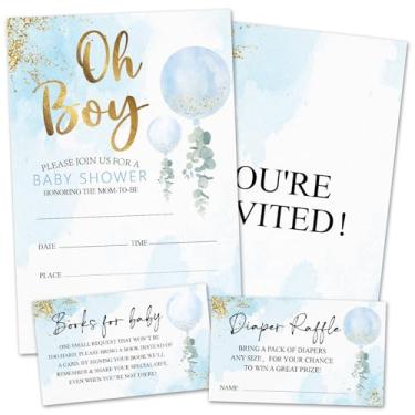 Imagem de rizotus Conjunto de 25 convites de chá de bebê para meninas e meninos, convites de festa revelados de gênero de balões azuis com envelopes, incluindo cartões de solicitação de livro e ingressos de