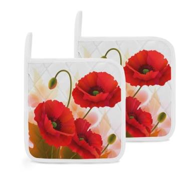 Imagem de Porta-panelas de cozinha, flores de papoula, pétalas vívidas, estampadas, conjunto de pegador de panela para cozinhar e assar com laços para pendurar, lavável na máquina, pacote com 2