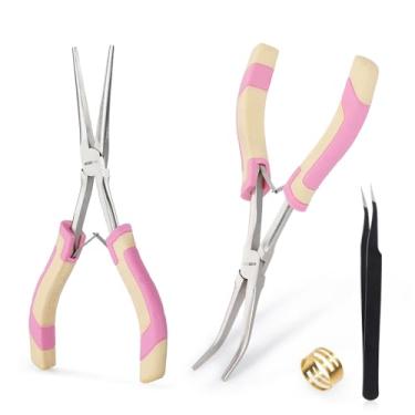 Imagem de WISEPRO Conjunto de 2 peças de alicate de ponta de agulha de longo alcance, 17 cm, rosa, mini dobrado e reto extralongo com alças confortáveis para fazer joias, dobrar arame e segurar objetos pequenos