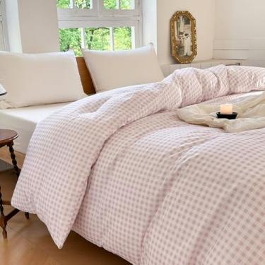 Imagem de Cobertor pesado de algodão rosa guingão 223,5 cm x 264,2 cm, capa de edredom xadrez xadrez para cobertor pesado, capa de edredom pesado de algodão quadriculado (guingão rosa, 223 x 264 cm)
