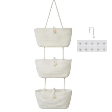 Imagem de TeoKJ Cestos pendurados sobre a porta, bolsa organizadora de armazenamento de algodão tecido de 3 camadas com ganchos cestas decorativas de cozinha para berçário de parede - branco