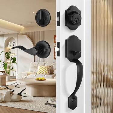 Imagem de Leydebong Conjunto de maçaneta e fechadura preta da frente, conjunto clássico de fechadura da porta da frente, todas as maçanetas de porta dianteira com chave diferente com fechadura de cilindro único