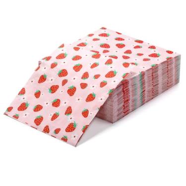 Imagem de Janlaugh Conjunto de 100 guardanapos de papel de morango descartáveis guardanapos de papel de frutas de verão rosa para decoração de frutas silvestres doces morangos catering evento aniversário verão
