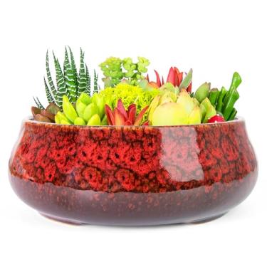 Imagem de ARTKETTY Vasos de suculentas - vasos de bonsai de cerâmica de 19 cm com drenagem, grandes vasos de suculentas rasas para plantas de interior, recipiente redondo de cacto esmaltado para plantas de
