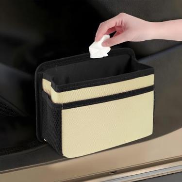 Imagem de Hovom Caixote do lixo automotivo Oxford impermeável com saco de lixo, mini lixeira dobrável para veículos, organizador de armazenamento pequeno multifuncional para porta de carro e assento (bege)