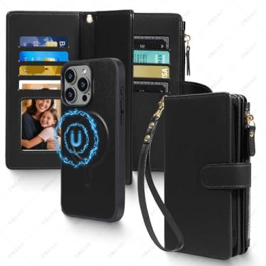 Imagem de CMIDUS Capa magnética para iPhone 13 Pro, carteira compatível com suporte para cartão Magsafe com bloqueio de RFID, capa de telefone destacável, alça de pressão, bolso com zíper, couro PU de 6,1