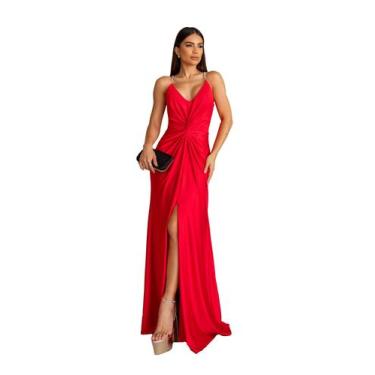 Imagem de Vestido Longo Alça de Strass Fenda na Frente - Glamoor Festa, Vermelho