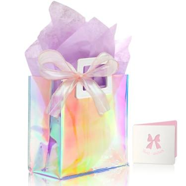 Imagem de KeerxunBag 1 pacote de sacos de presente holográficos com alças e 2 folhas de papel de seda – Sacos reutilizáveis transparentes iridescentes para mulheres, meninas, aniversários, casamentos, bolsa de
