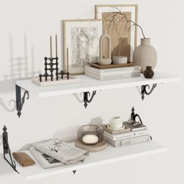 Imagem de Prateleiras flutuantes profundas, 78,7 cm L x 30,5 cm P conjunto de 2, prateleira de exibição ampla montada na parede com suportes, estante de livros para sala de estar, banheiro, quarto, branca