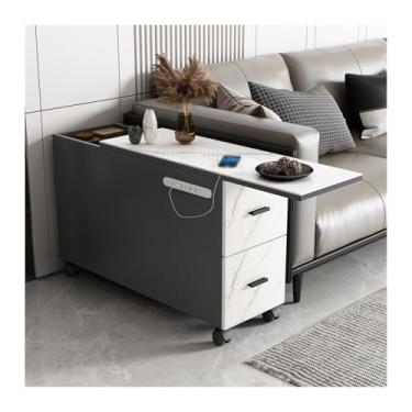 Imagem de Mesa lateral de sofá, aparador de laje de rocha, aparador de luxo com rodas, aparador móvel recarregável, pasta de telefone, mesa de canto, armário lateral criativo (70 x 40 x 59 cm, esquerda)