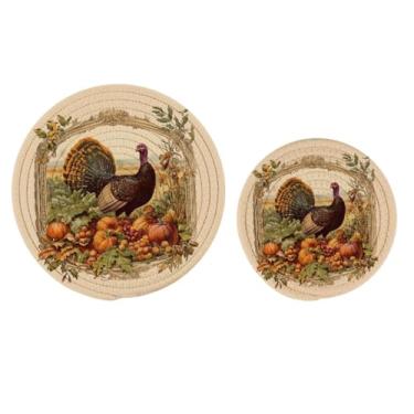 Imagem de Conjunto de 2 peças para pegadores de panela, decoração de cozinha, conjunto de trivetes, de ação de graças, outono, frutas, peru, vintage, redondo, quente, para cozinhar, assar, panela, tigela, bule