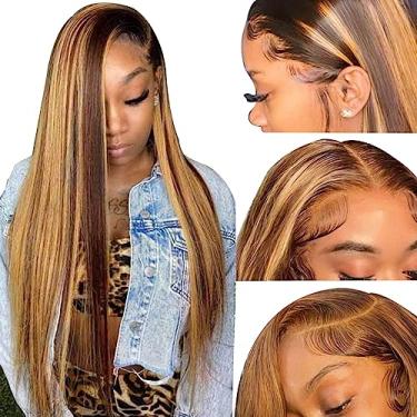 Imagem de Peruca frontal ombré com destaque de densidade de 250% cabelo humano cabelo humano loiro mel HD peruca frontal pré-arrancada com cabelo de bebê marrom 4/27 peruca frontal reta colorida sem cola para