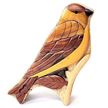 Imagem de South Asian Handicrafts Pássaro Pintassilgo - Caixa De Quebra-Cabeça Madeira Intarsia Feita À Mão Com Compartimento Secreto