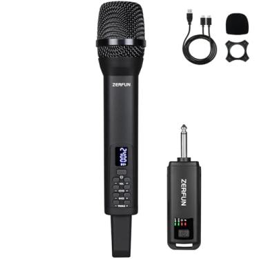 Imagem de ZERFUN Microfone sem fio recarregável, sistema de microfone portátil sem fio profissional com controle Echo Treble BASS VOL para karaokê cantando festa na igreja, saída de 1/10.2 cm, preto