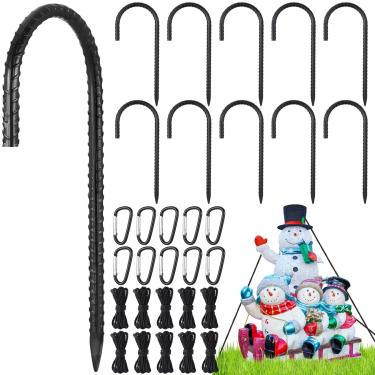 Imagem de LEIFIDE Conjunto de 30 estacas infláveis de Natal, estacas de vergalhão de jardim de 15 cm para serviço pesado, 10 cordas e 10 ganchos, âncoras de chão para cerca de elo de corrente preta para