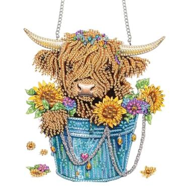 Imagem de Bimkole Kit de pendurar arte de diamante Highland Cattle para adultos, pingente de janela com pintura de girassóis 5D DIY, enfeite de pendurar arte de cristal acrílico para decoração de parede e