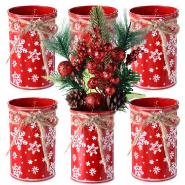 Imagem de Potchen 6 peças de vaso de floco de neve de Natal para decoração de 11 cm, vaso de flores vintage com laço de barbante, baldes rústicos de metal galvanizado para flores artificiais para mesa de Natal