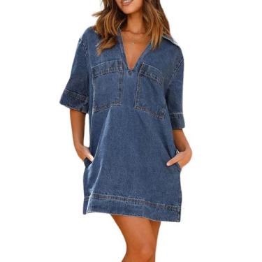 Imagem de Vestido chouyatou Summer Loose Fit, decote em V, mini jeans, azul escu