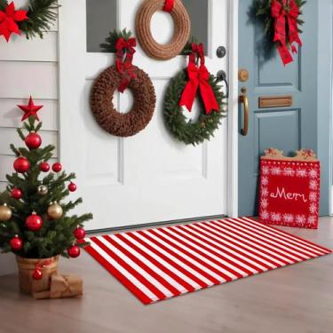 Imagem de Tapete Moucuny 61x89 cm Vermelho Branco Listrado ao Ar Livre de Natal