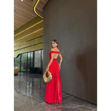 Imagem de Vestido Longo em Tule com Transparência Ombro a Ombro - luh may, Verme