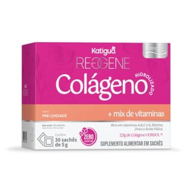Imagem de Katiguá, Colágeno Hidrolisado 2,5 g, Solúvel Verisol, Com vitamina A, B, C e D, Biotina, Zinco, Ácido Fólico, Sabor Pink Limonade, Zero açúcar, 30 Sachês, 5g