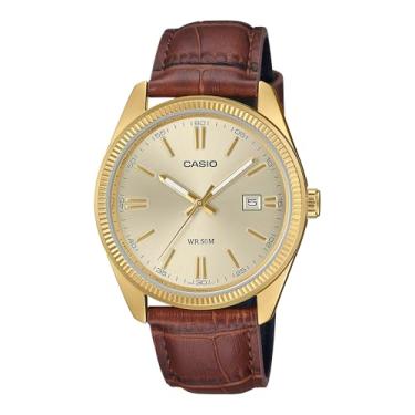 Imagem de Casio Relógio Masculino Analógico, Pulseira em Couro Marrom, Caixa Dourada com Mostrador Champagne, WR 50M