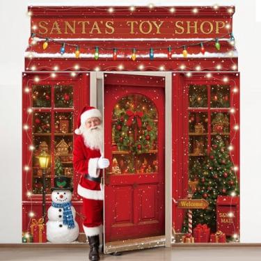 Imagem de Gilprop 4 peças de decoração de porta de Natal da loja de brinquedos do Papai Noel capa de porta com cordas de LED bandeira de varanda vermelha de Natal bengala doce na neve pendurado pano de fundo