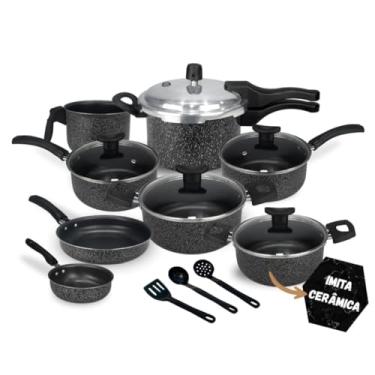 Imagem de Jogo de Panelas Antiaderente, 11 Peças com Panela de Pressão 2.5L (Cerâmica Black)
