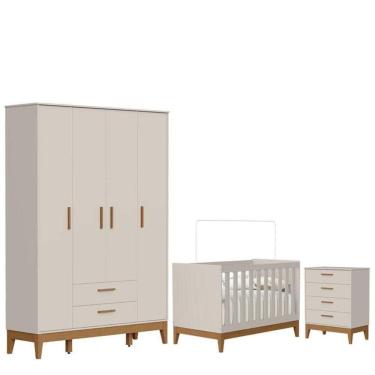 Imagem de Quarto De Bebê Flip Guarda Roupa 4 Portas E Cômoda Gaveteiro Areia Acetinado - Reller