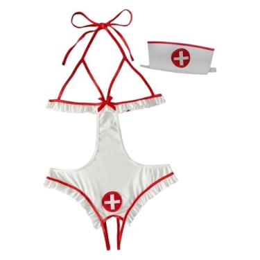 Imagem de Lingerie sexy de uma peça para mulheres, sutiã transparente, fantasia de enfermeira, mini body preto, Branco, XX-Large