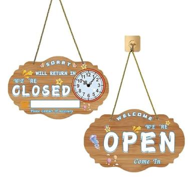 Imagem de Placa de aberto/fechado com relógio da 8Gnituhs, placa comercial reversível de dupla face, 40 x 25 cm para pendurar em janelas ou portas, para placas de «Voltarei», «Estarei de volta»