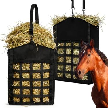 Imagem de ZHIYUEJING Pacote com 2 sacos de feno para cavalos, cabras, ovelhas, redes de feno de cavalo com alças ajustáveis, grandes vedações de gancho e laço de abertura superior, alimentador de feno durável
