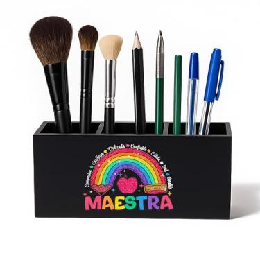 Imagem de Evcprz Porta-canetas Maestra Teacher – copo de madeira para mesa, organizador de material escolar arco-íris fofo presente para professores de espanhol, decoração de mesa Maestra para sala de aula