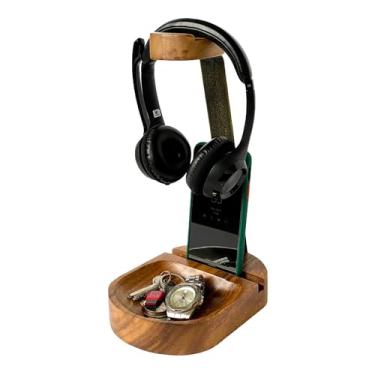 Imagem de WRIGHTMART Suporte de fone de ouvido e telefone de madeira de acácia com bandeja – organizador de mesa com suporte duplo para fones de ouvido e celular, configuração de jogos, estação de trabalho