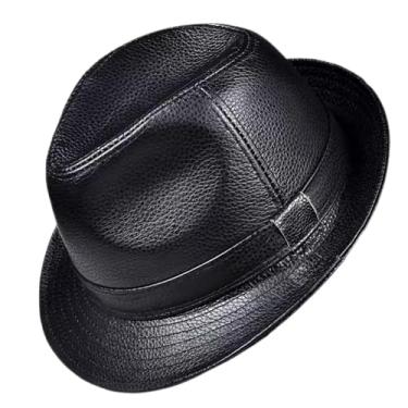Imagem de Chapéu masculino de couro Trilby boné jazz chapéu de festa outono inverno (C-G