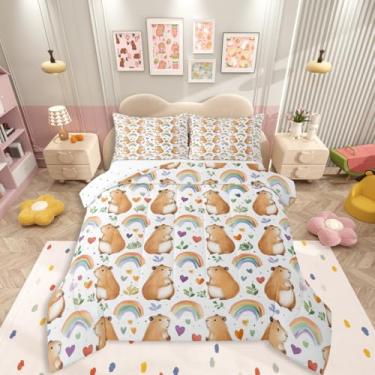 Imagem de Erosebridal Jogo de cama solteiro com estampa de capivara, colorido, arco-íris, para quarto de adolescentes, adolescentes, adultos, animais fofos, coração, ramos verdes