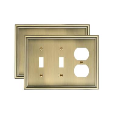 Imagem de TREEWELL Pacote com 2 capas de tomada dupla/duplex simples, capas decorativas de liga de zinco durável, latão antigo, 4 placas de interruptor, resistente à corrosão