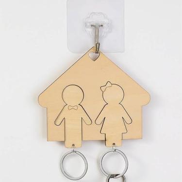 Imagem de Porta-chaves de madeira em forma de casa com chaveiros duplos, montado na parede, 13,5 x 11,4 cm