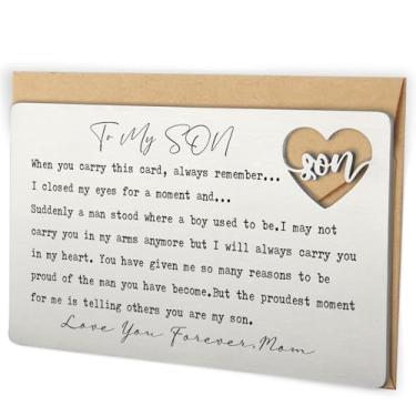 Imagem de To My Son Cartão de inserção de carteira da mãe, cartão postal gravado a laser de aço inoxidável com recorte de coração, presente emocional para filho, lembrança de bolso inspiradora para aniversário