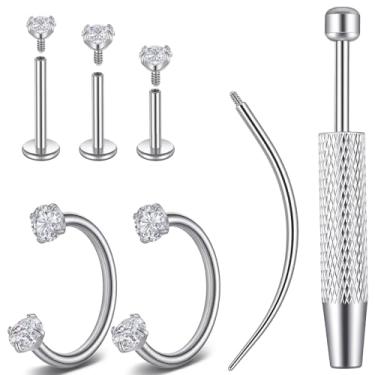 Imagem de Brincos de argola de nariz em ferradura, prata e parte traseira plana com piercing interno rosqueado e ferramenta de garra brincos de zircônia para cartilagem piercing labret lábio joia helix tragus