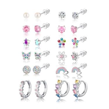 Imagem de M MOOHAM Brincos hipoalergênicos para meninas, crianças e mulheres, de aço cirúrgico, costas planas, brincos para orelhas sensíveis, bola de zircônia cúbica, coração, flor, parafuso para crianças