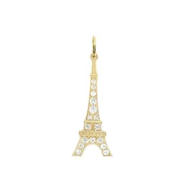 Imagem de Colar com pingente da Torre Eiffel, prata esterlina banhada a ouro, cristal de zircônia cúbica, corrente de 40 a 45 cm, Pendant: 1.5"X0.45" Chain: 16" -18", Prata esterlina, Zircônia cúbica