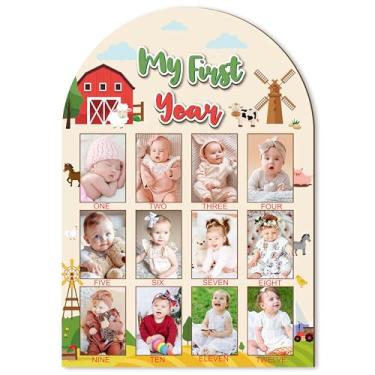 Imagem de R HORSE Quadro de madeira para exibição de fotos My First Year – Moldura para fotos do primeiro ano do bebê, quadro de marcos de 12 meses, tema de fazenda 3D neutro, lembrança de bebê, presente de