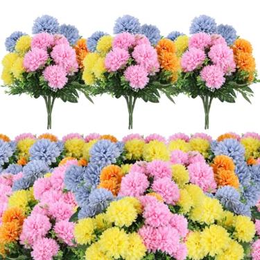 Imagem de Pacote com 12 com 84 flores de crisântemo artificiais, decoração floral de outono para ambientes internos e externos, varanda, pátio, jardim da frente, sem medo de raios ultravioleta, não desbota