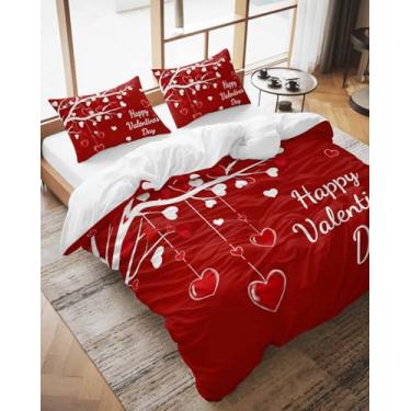 Imagem de Conjunto de capa de edredom California King Size Red Love Heart Conjunto de 3 peças, árvore feliz dia dos namorados conjunto de cama com fecho de zíper e 2 fronhas, capas de cama macias para quarto