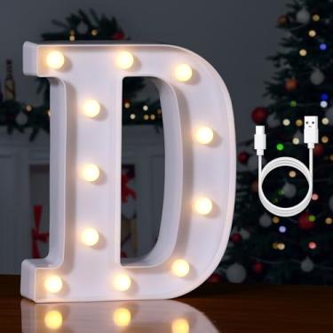 Imagem de Foaky Letreiro de luzes de LED recarregáveis, letreiro com letras iluminadas, para luz noturna, casamento/festa de aniversário, lâmpada de Natal, decoração de bar de casa (D)