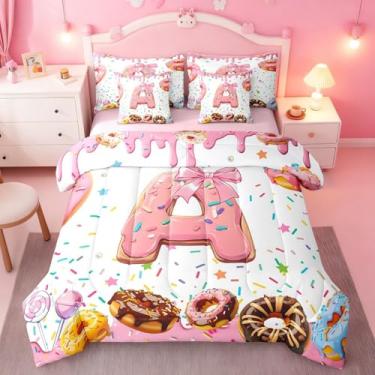 Imagem de Erosebridal Conjunto de cama king com laço rosa, estampa personalizada, letra A, conjunto de cama de coquete com laço feminino, monograma de princesa com nó de borboleta, 7 peças em uma bolsa