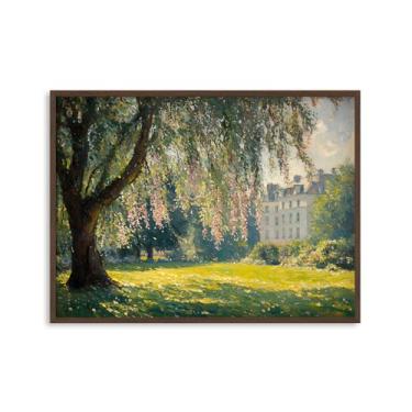 Imagem de Impressão de arte de parede de paisagem emoldurada - Tela de estilo impressionista vintage com árvore, flores e construção francesa - Arte decorativa para decoração de sala de estar, quarto ou