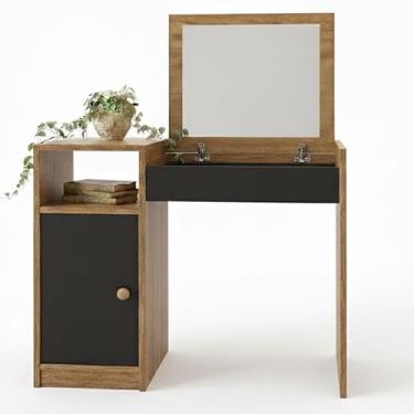 Imagem de Penteadeira Compacta com Espelho Interno camarim escrivaninha com penteadeira，mini penteadeira，mesa de maquiagem，penteadeira de canto(Preto/Nature)