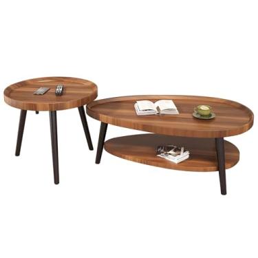 Imagem de Mesa de centro para sala de estar, mesa de centro retrô, mesa lateral redonda pequena de 2 andares, mesas de centro de madeira para sala de estar, sala de estar, decoração interna e doméstica (cor